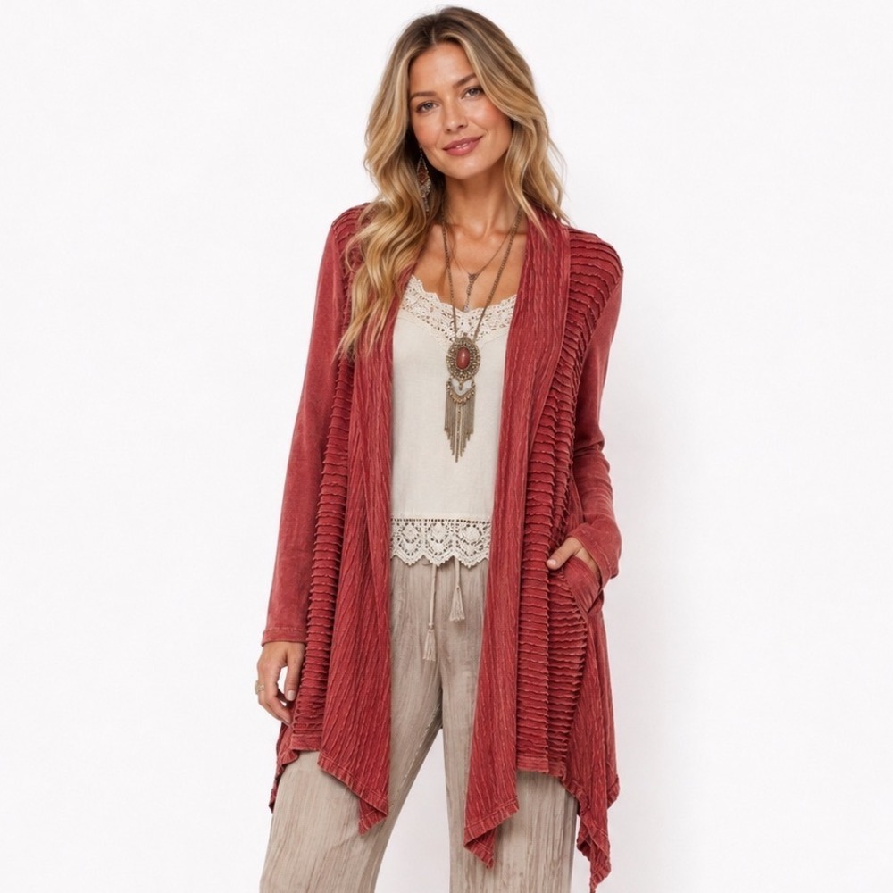 Jess & Jane Open Front Cardigan Washed L Red Pleated Textured USA Bohemian